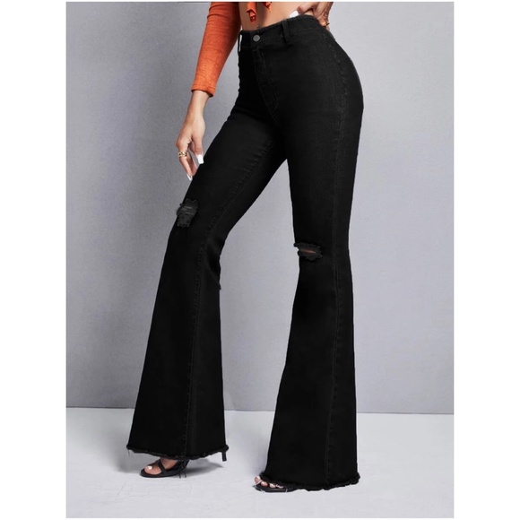 Denim - Black High Waisted Distressed Bell Bottom Denim Jeans